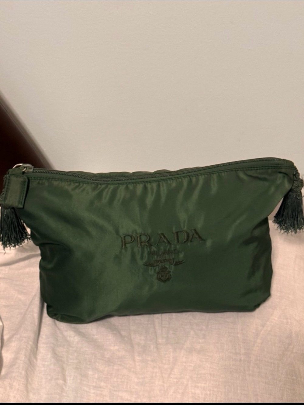 Prada Dark Green Nylon Toiletry Pouch with Tassels